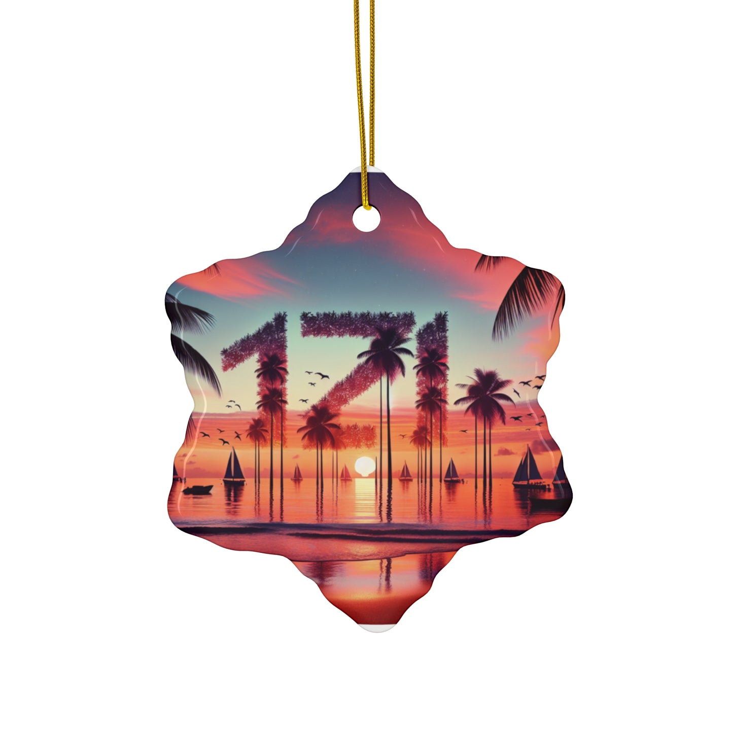 Ceramic Ornament Star, Heart, Snowflake or Circle 1111 "Paradise Dusk: Tropical Serenity" - Tropical Beach Sunset with Palm Trees, Dolphins, and Sailboats