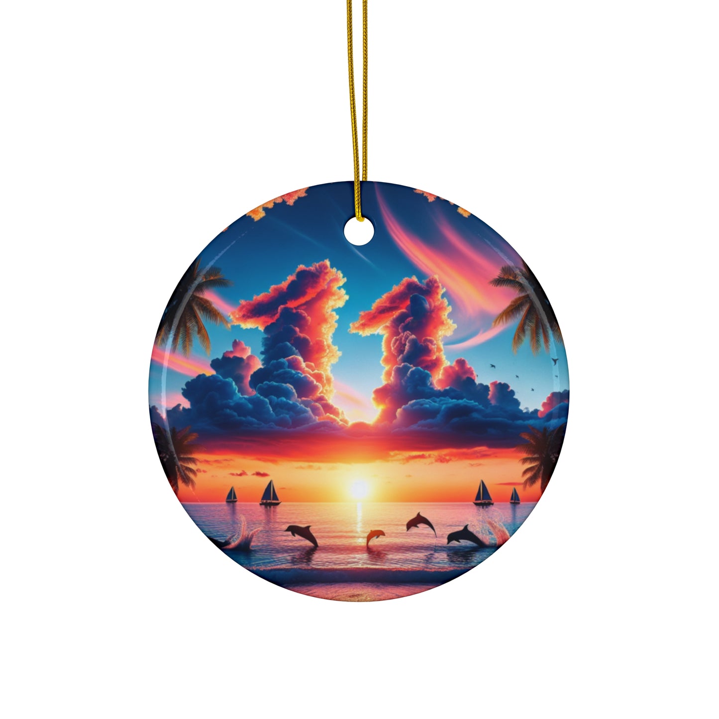 Ceramic Ornament Star, Heart, Snowflake or Circle 1111 "Paradise Serenity: A Tropical Sunset Symphony" - Tropical Beach Sunset with Palm Trees, Dolphins, and Sailboats