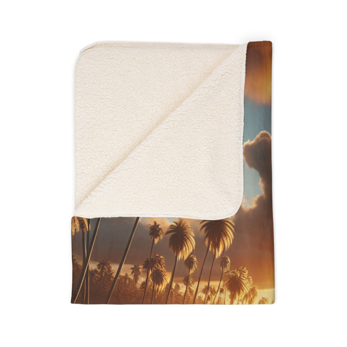 Tropical Laguna Beach Sunset with Palm Tress Fleece Sherpa Blanket