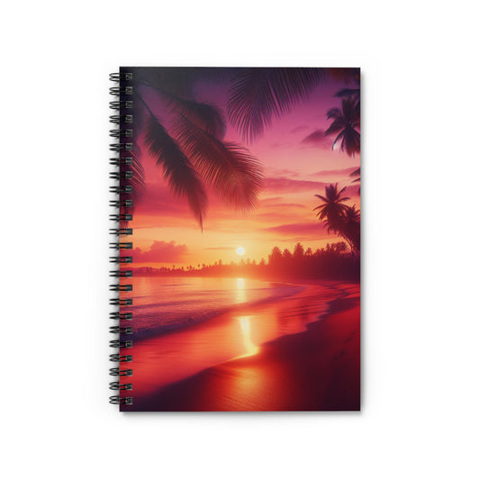 "Tropical Tranquility: Sundown by the Palms" - Spiral Notebook with Ruled Lines and Tropical Beach Sunset Palm Trees Art