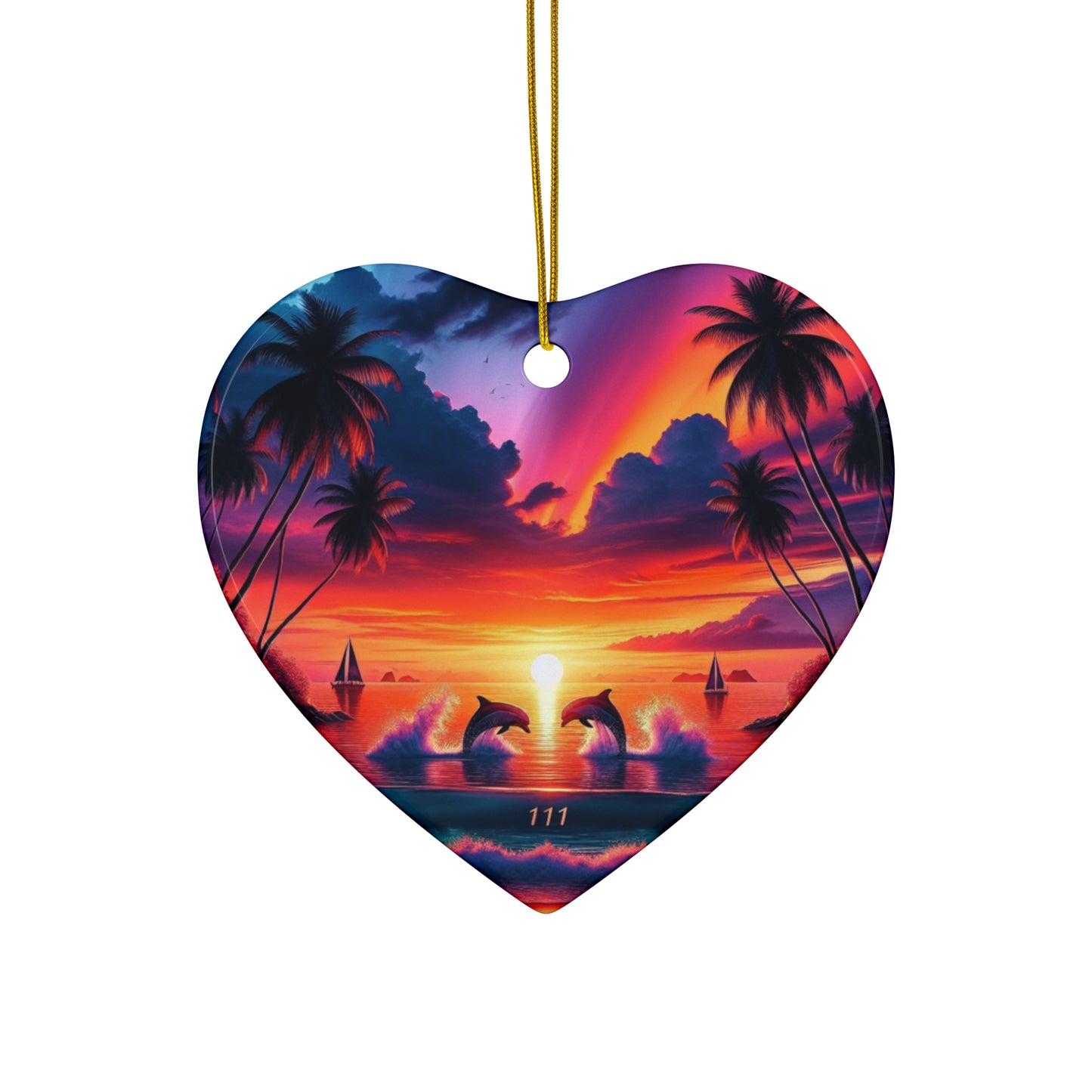 Ceramic Ornament Star, Heart, Snowflake or Circle 1111 "Paradise Bliss: An Exotic Sunset Symphony" - Tropical Beach Sunset with Palm Trees