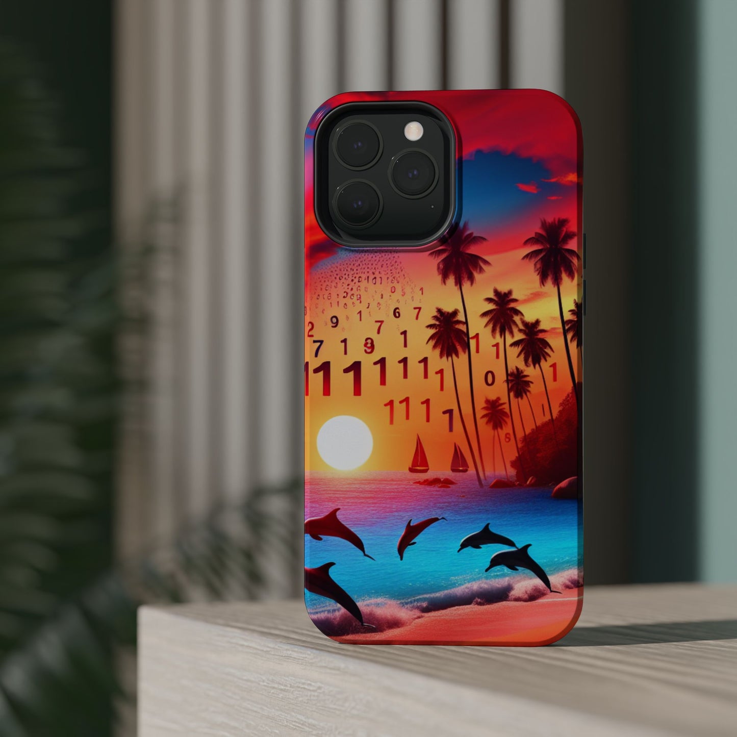 Magnetic Tough Phone case for phone 16 15 14 13 Pro Plus and Max  1111 "Serenity Horizon: Tropical Sundown Symphony" - Tough Phone Case with Tropical Beach Sunset Dolphins ande Sailboats HD Art