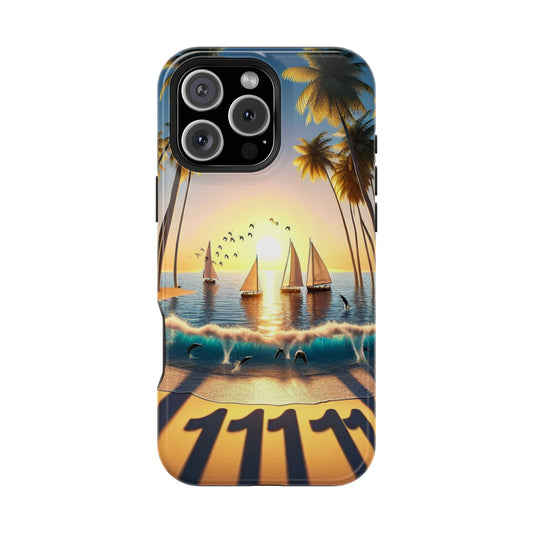 Magnetic Iphone 13-16 Pro and Max 1111 "Serene Sunset: A Tropical Paradise" - Tough Phone Case with Tropical Beach Sunset Dolphins ande Sailboats HD Art