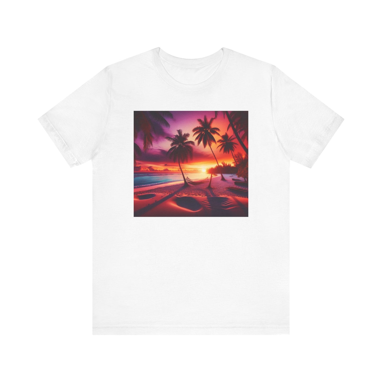 "Paradise Dusk: A Tropical Beach Sunset Symphony" - Tropical Beach Sunset with Palm Trees Unisex Jersey T-Shirt