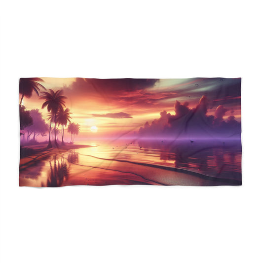 "Paradise's Palette: Tropical Sundown Serenity" - Tropical Beach Sunset with Palm Trees Beach Towel