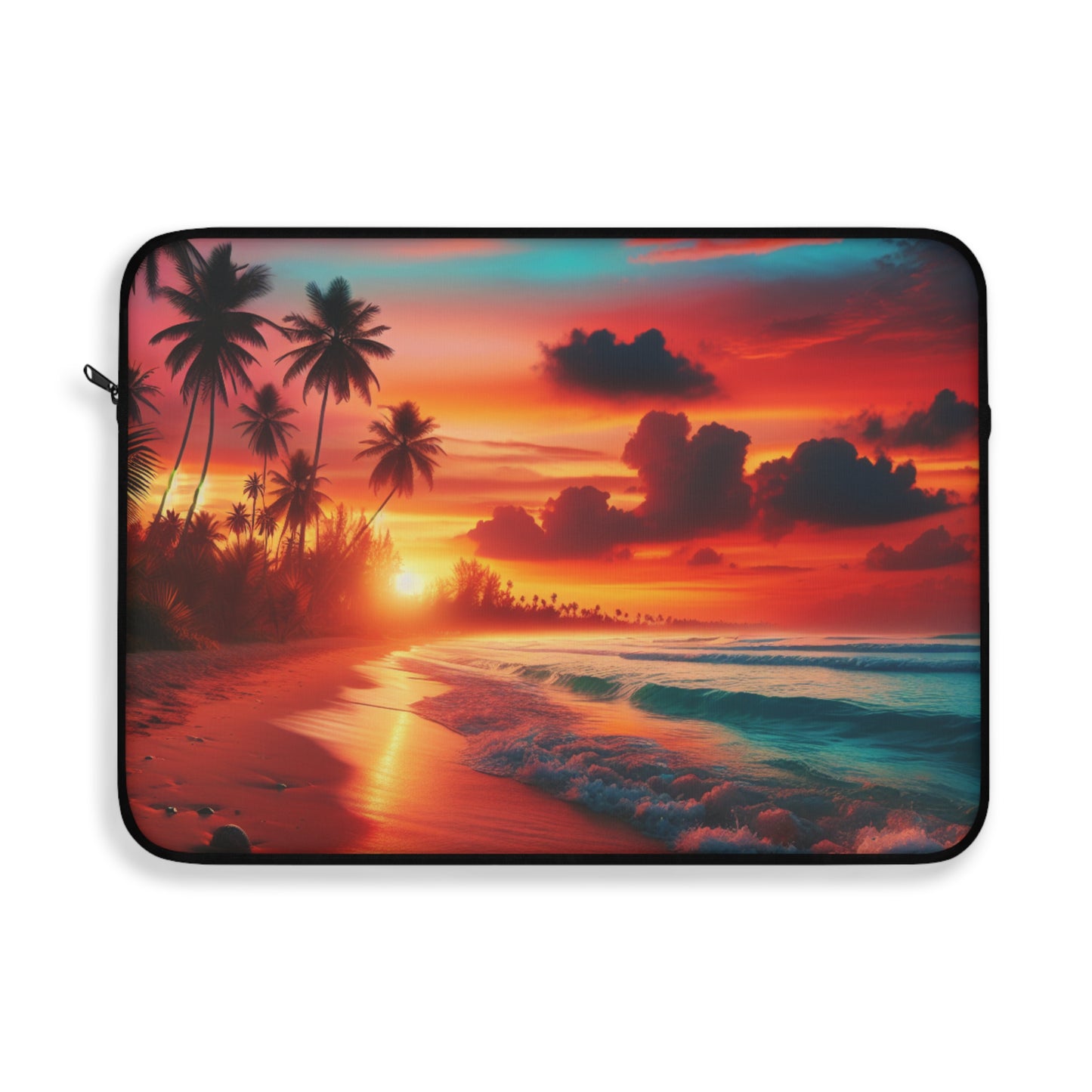 "Paradise Serenade: An Amber Sky Symphony" - Laptop Sleeve with Tropical Beach Sunset with Palm Trees Art