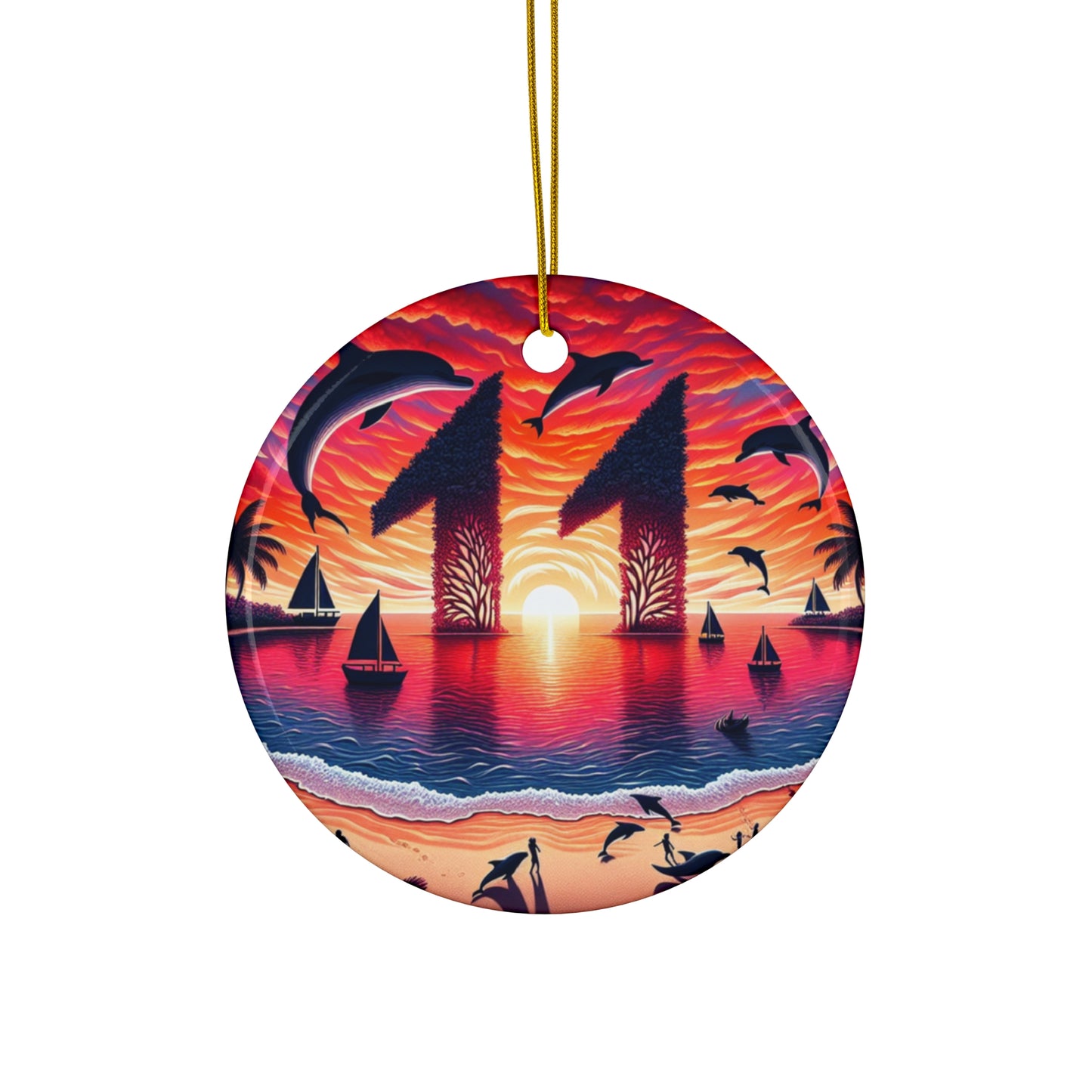 Ceramic Ornament Star, Heart, Snowflake or Circle 1111 "Paradise Sundown: A Tropical Canopy Illumination" - Tropical Beach Sunset with Palm Trees, Dolphins, and Sailboats