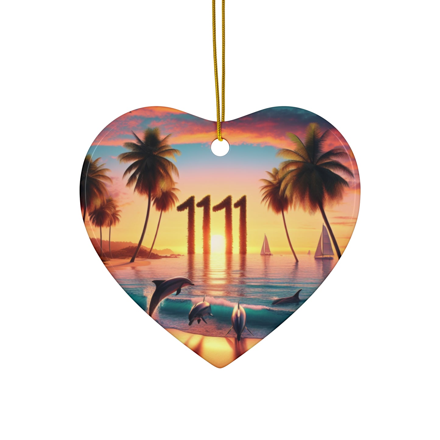 Ceramic Ornament Star, Heart, Snowflake or Circle 1111 "Serene Sundown: A Tropical Paradise Symphony" - Tropical Beach Sunset with Palm Trees, Dolphins, and Sailboats