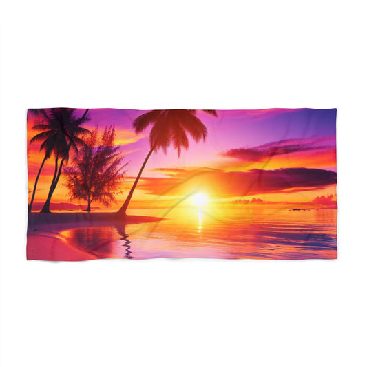 "Paradise Twilight: A Tropical Beach Symphony" - Tropical Beach Sunset with Palm Trees Beach Towel