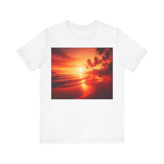 "Paradise's Palette: A Tropical Sundown Symphony" - Tropical Beach Sunset with Palm Trees Unisex Tee