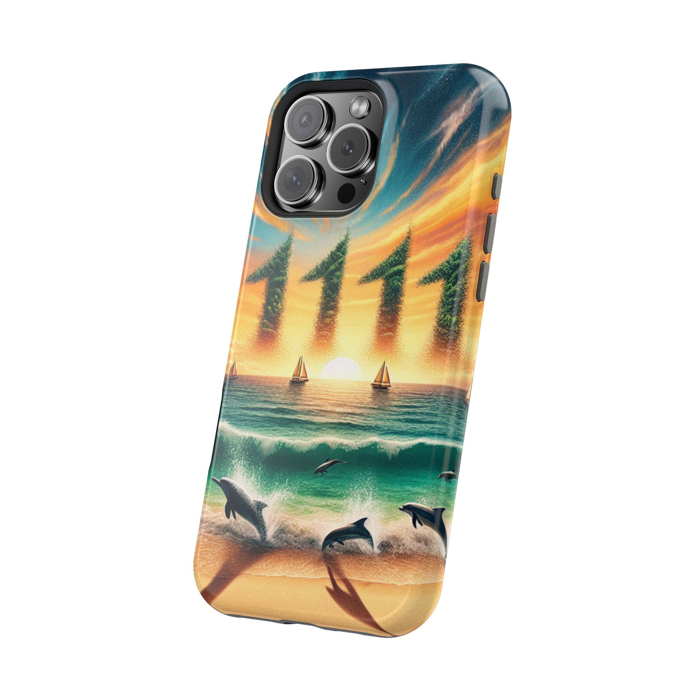 Magnetic Tough Phone case for phone 16 15 14 13 Pro Plus and Max  1111 "Paradise Lost in Dusk" - Tough Phone Case with Tropical Beach Sunset Dolphins ande Sailboats HD Art