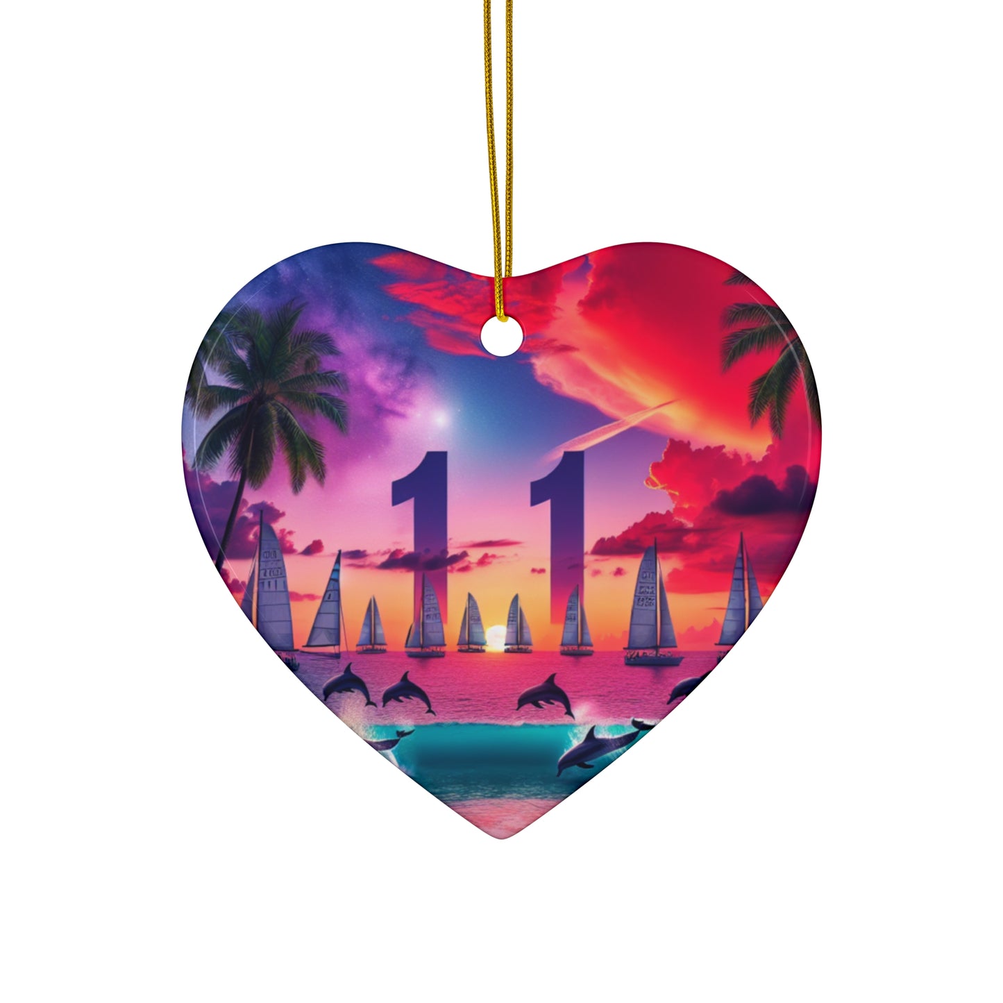 Ceramic Ornament Star, Heart, Snowflake or Circle 1111 "Paradise Luminance: A Tropical Sundown Symphony" - Tropical Beach Sunset with Palm Trees, Dolphins, and Sailboats