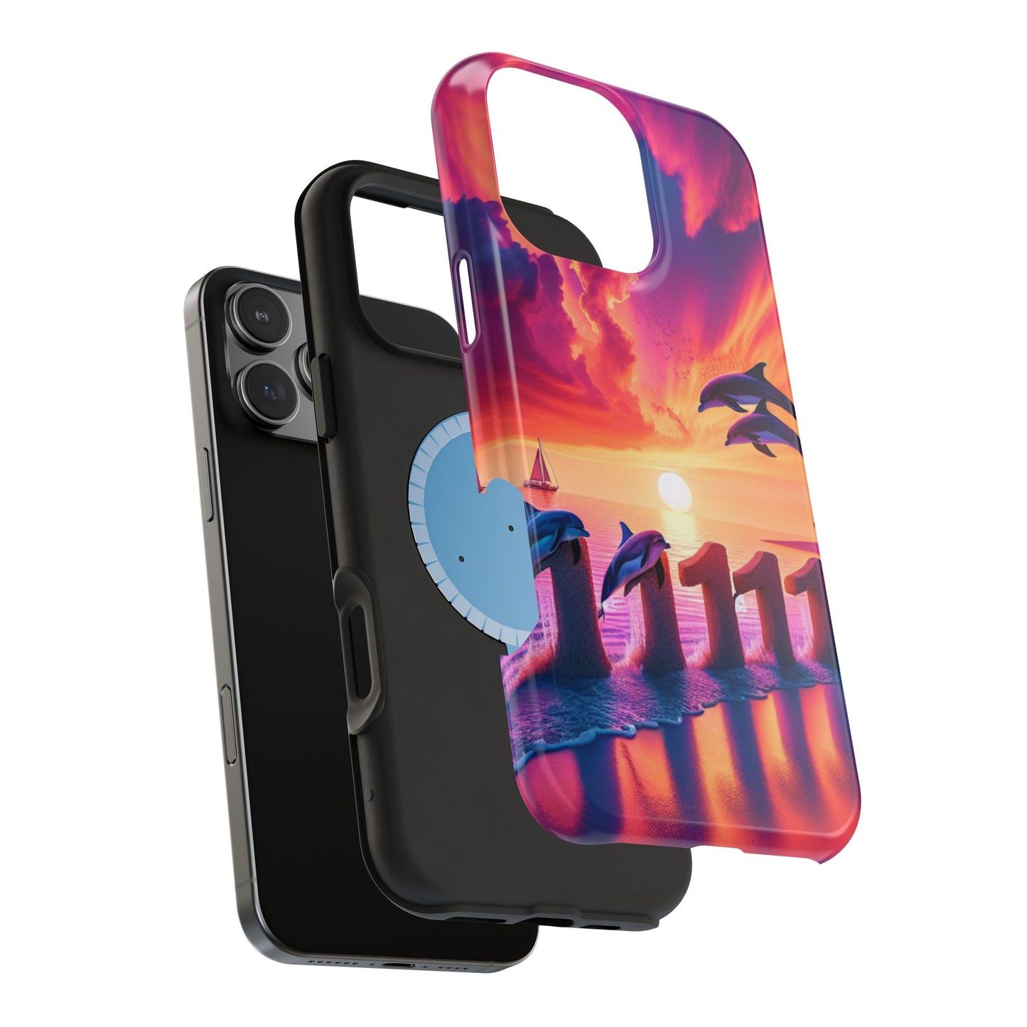 Magnetic Iphone 13-16 Pro and Max 1111 "Paradise Twilight: A Tropical Beach Sunset Symphony" - Tough Phone Case with Tropical Beach Sunset Dolphins ande Sailboats HD Art