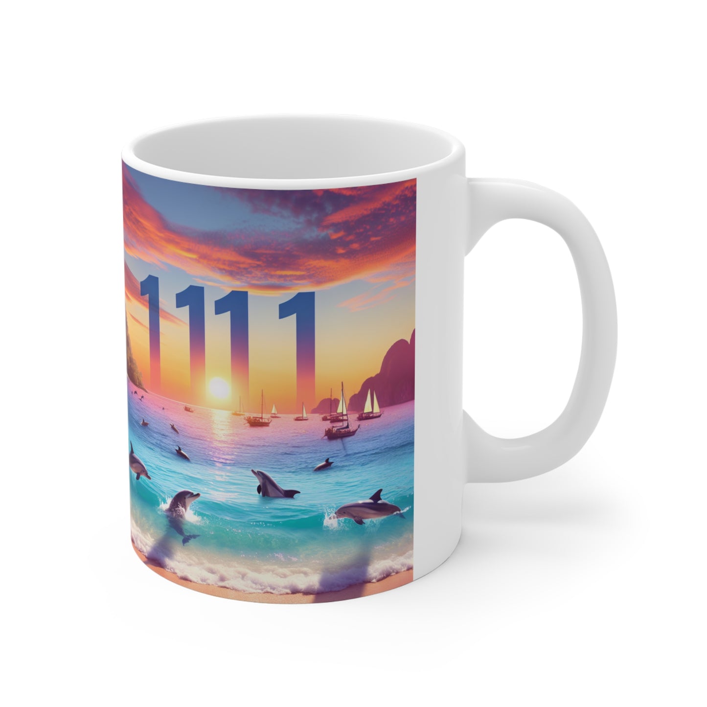 Tropical Dolphin Sunset 11oz Mug, Positive Mindset Reminder, Angel Number 1111, Beach Sailboat Coffee Cup, Goal Visualization Gift, Ocean