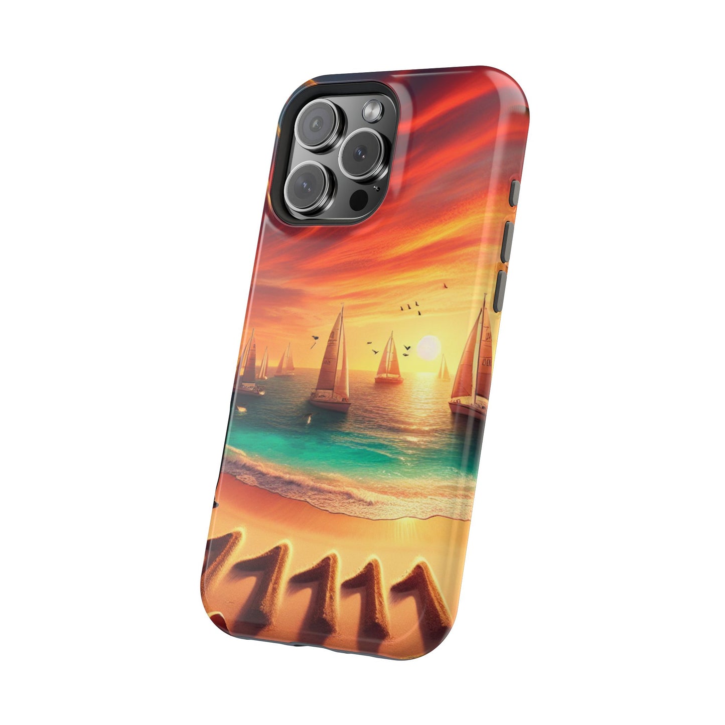 Magnetic Iphone 16 15 14 14 Pro and Max 1111 "Paradise Twilight: An Ode to Tropical Serenity" - Tough Phone Case with Tropical Beach Sunset Dolphins ande Sailboats HD Art