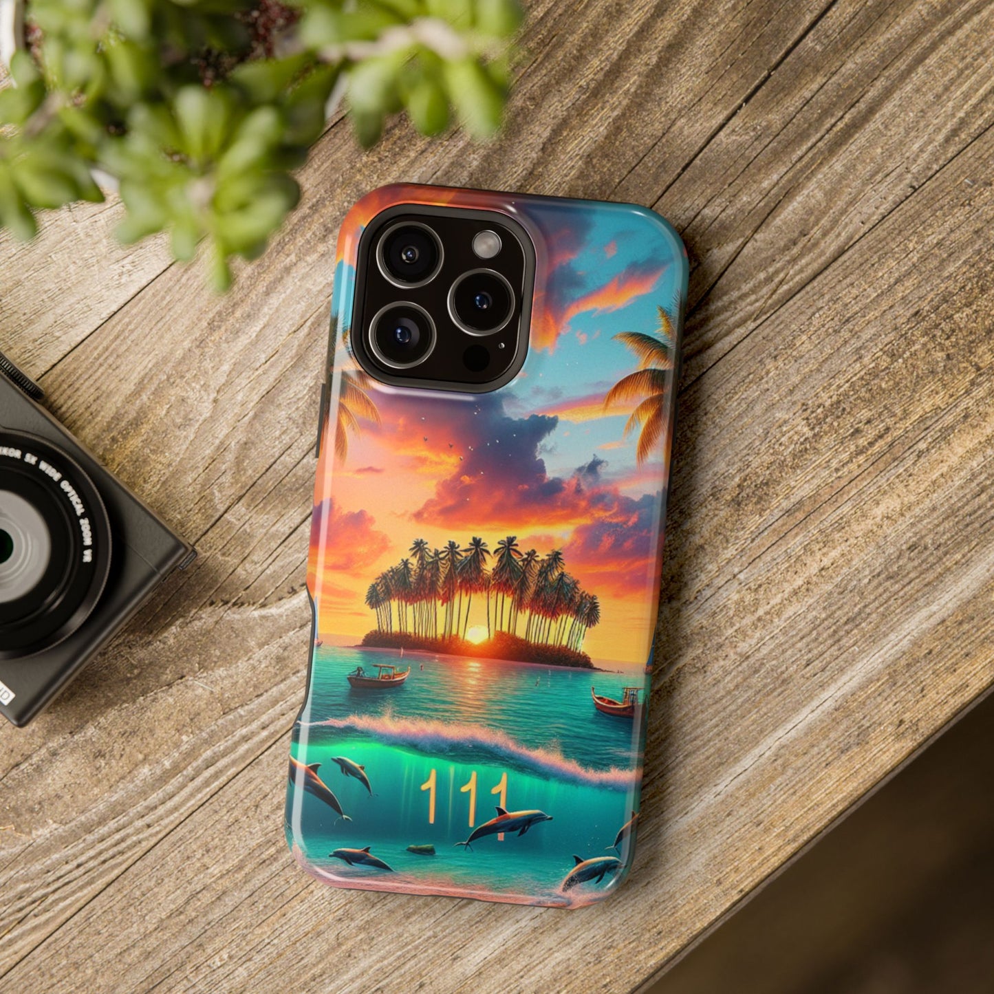 Magnetic Iphone 13-16 Pro and Max 1111 "Sundrenched Serenity: A Tropical Twilight Oasis" - Tough Phone Case with Tropical Beach Sunset Dolphins ande Sailboats HD Art