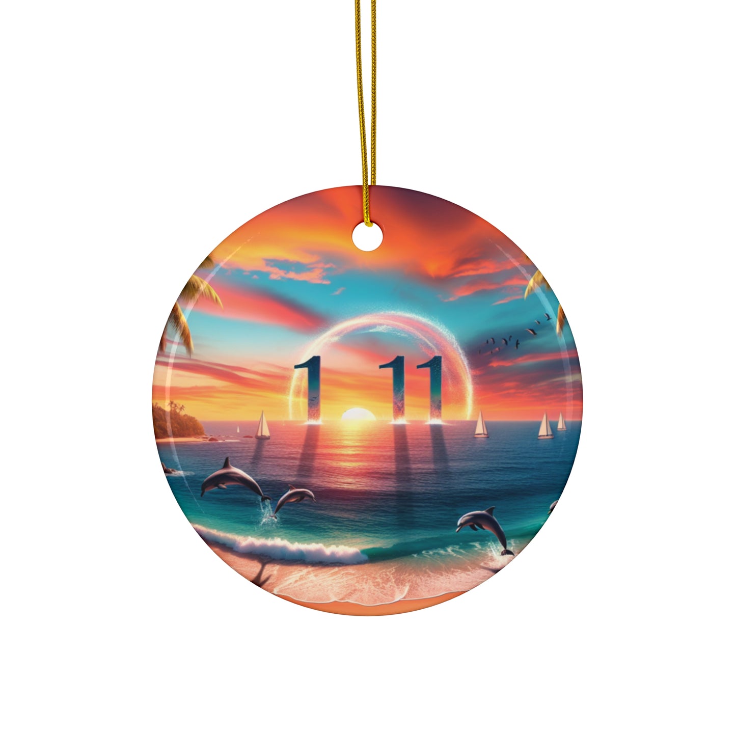 Ceramic Ornament Star, Heart, Snowflake or Circle 1111 "Enchanted Paradise: A Tropical Dusk Symphony" - Tropical Beach Sunset with Palm Trees, Dolphins, and Sailboats