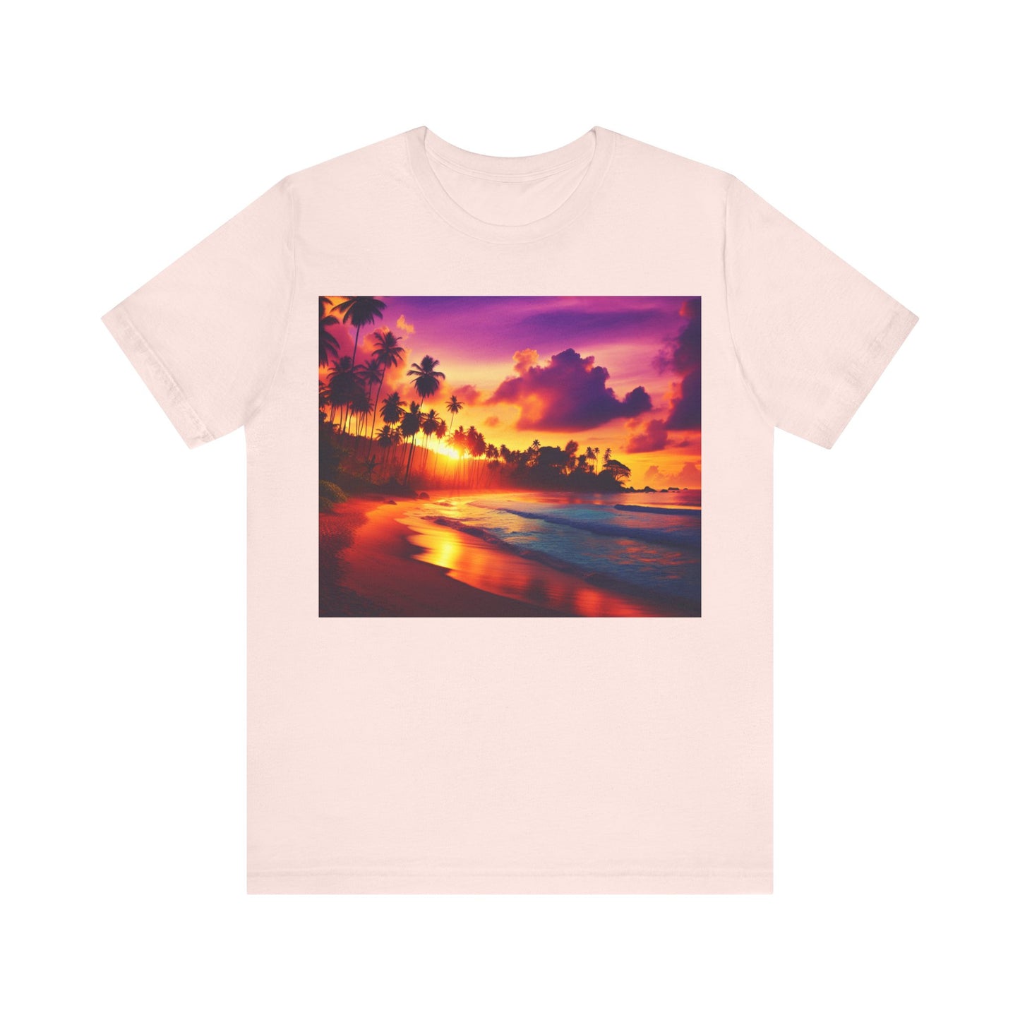 "Paradise Twilight: A Tropic Beach Sunset Symphony" - Tropical Beach Sunset with Palm Trees Unisex Tee