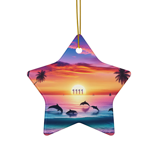 Ceramic Ornament Star, Heart, Snowflake or Circle 1111 "Serenity Sands: A Tropical Twilight Masterpiece" - Tropical Beach Sunset with Palm Trees