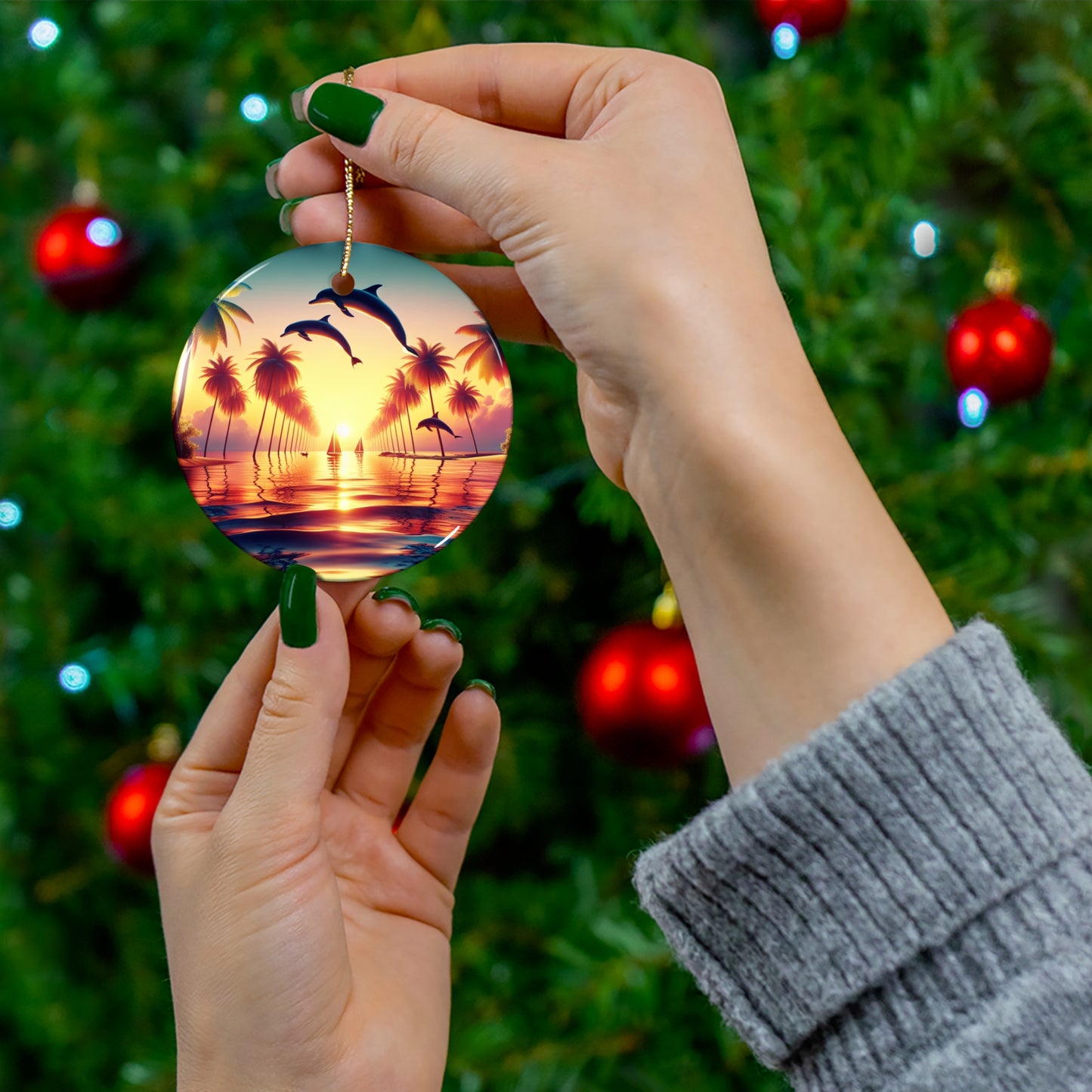 Ceramic Ornament, Tropical Beach Sunset, Star, Heart, Snowflake, Circle, Christmas Decor, Holiday Gift, Home Decor