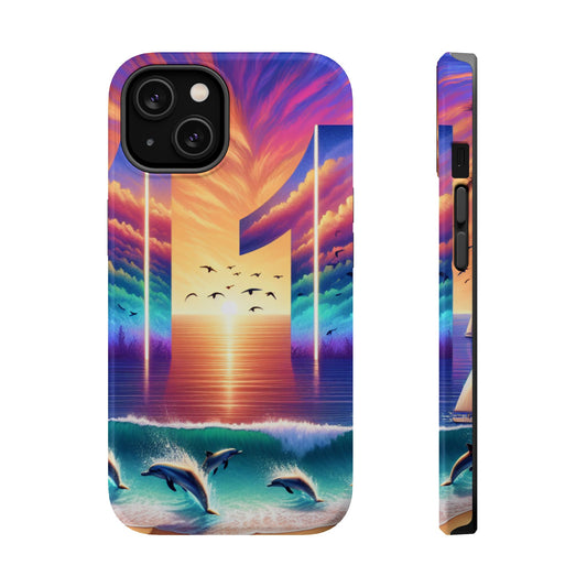 Magnetic Tough Phone case for phone 16 15 14 13 Pro Plus and Max  1111 "Island Serenity: Sunset Haven" - Tough Phone Case with Tropical Beach Sunset Dolphins ande Sailboats HD Art