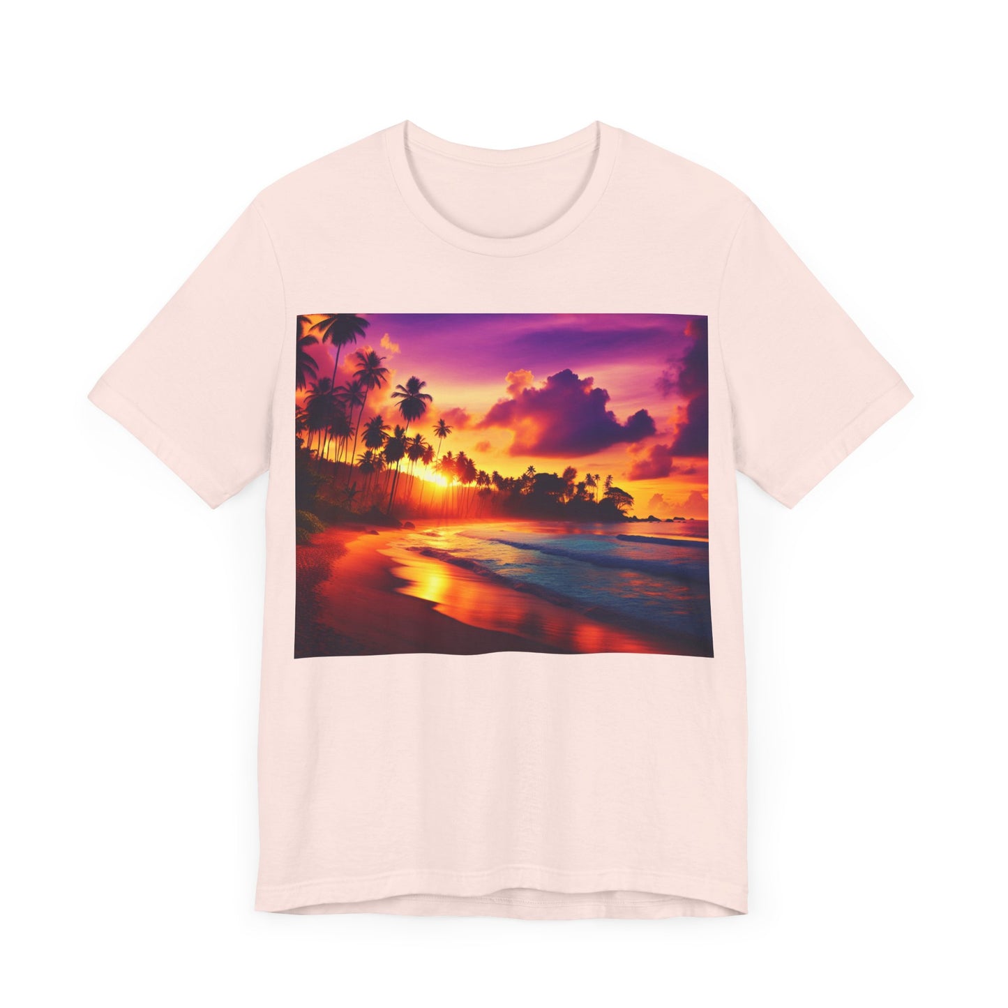 "Paradise Twilight: A Tropic Beach Sunset Symphony" - Tropical Beach Sunset with Palm Trees Unisex Tee