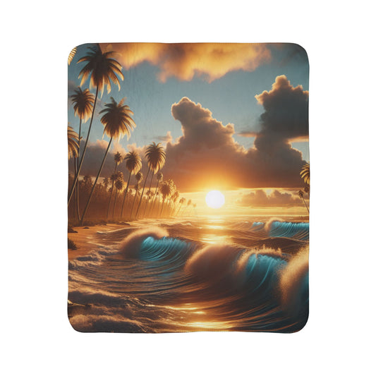 Tropical Laguna Beach Sunset with Palm Tress Fleece Sherpa Blanket