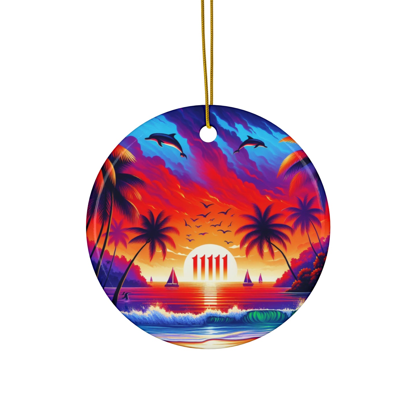 Ceramic Ornament Star, Heart, Snowflake or Circle 1111 "Sunset Serenity: A Tropical Oasis" - Tropical Beach Sunset with Palm Trees, Dolphins, and Sailboats