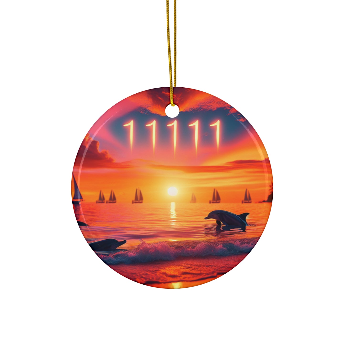 Ceramic Ornament, Beach Sunset Tropical Tree, Dolphin Sailboat Angel 11111 Inspirational Decoration, Positive Mindset Reminder, Visualize