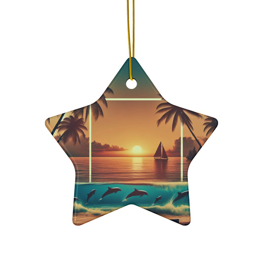 Ceramic Ornament Star, Heart, Snowflake or Circle 1111 "Sunkissed Serenity: Tropical Beach Sunset" - Tropical Beach Sunset with Palm Trees, Dolphins, and Sailboats