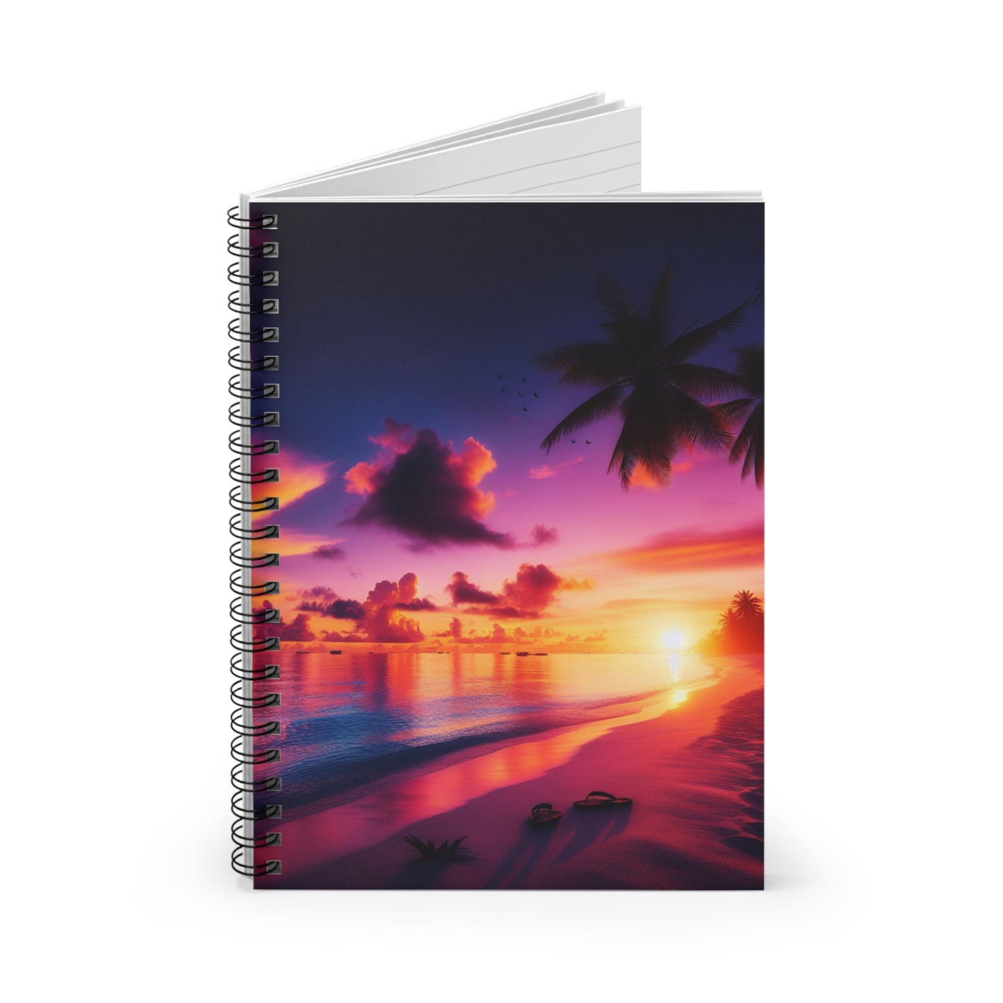 "Paradise Serenity: A Tropical Sunset Symphony" - Spiral Notebook with Ruled Lines and Tropical Beach Sunset Palm Trees Art