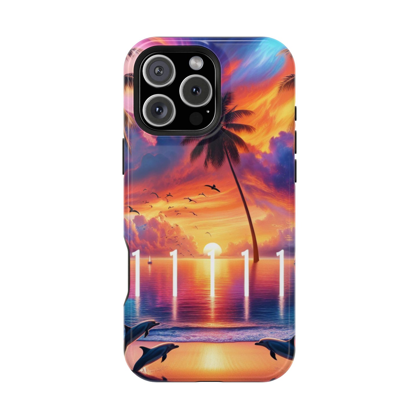 Magnetic Iphone 13-16 Pro and Max 1111 "Paradise At Dusk - A Tropical Serenity" - Tough Phone Case with Tropical Beach Sunset Dolphins ande Sailboats HD Art