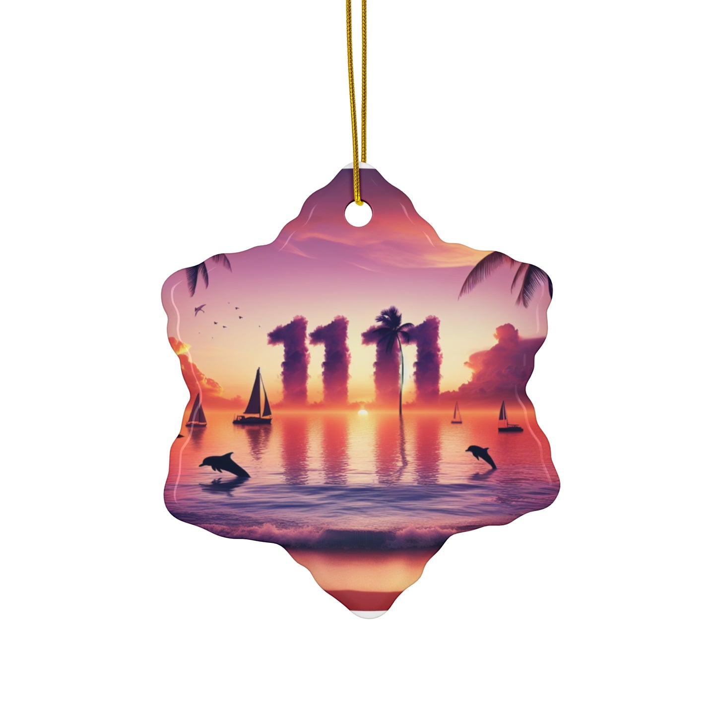 Ceramic Ornament Star, Heart, Snowflake or Circle 1111 "Paradise Serenity: Tropical Sundown Symphony" - Tropical Beach Sunset with Palm Trees, Dolphins, and Sailboats