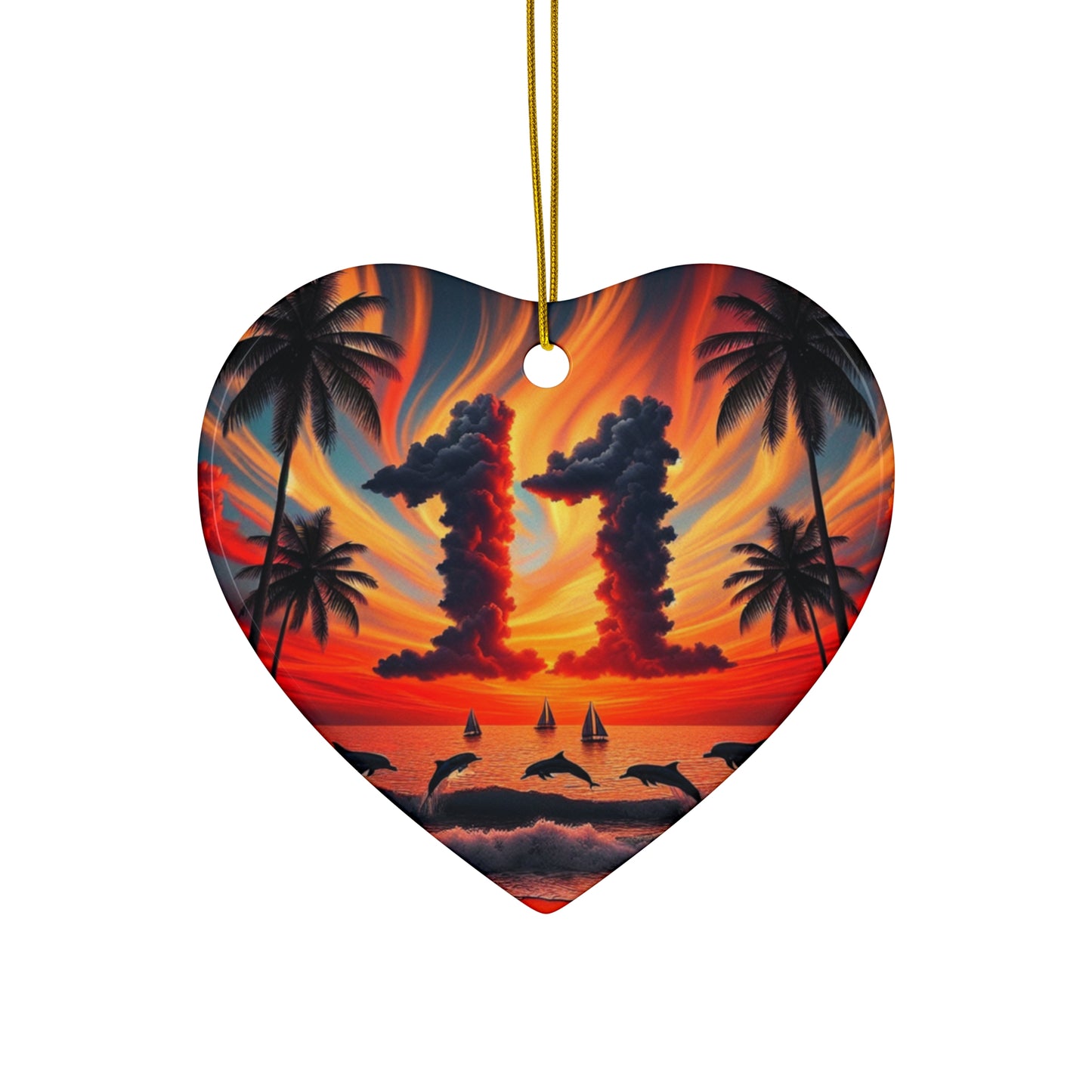 Ceramic Ornament Star, Heart, Snowflake or Circle 1111 "Paradise Twilight: Tropical Serenity's Embrace" - Tropical Beach Sunset with Palm Trees, Dolphins, and Sailboats