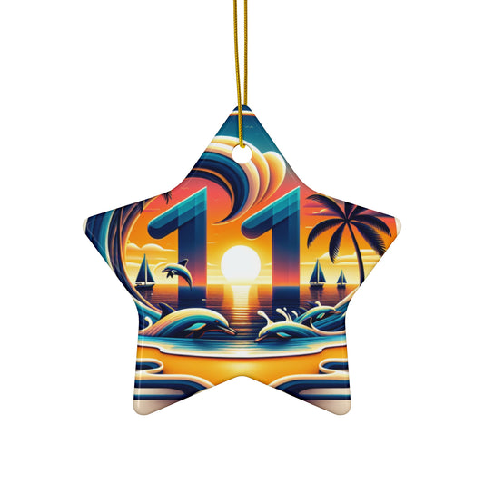 Ceramic Ornament Star, Heart, Snowflake or Circle 1111 "Paradise's Twilight: Tropical Beach Sunset Serenade" - Tropical Beach Sunset with Palm Trees, Dolphins, and Sailboats