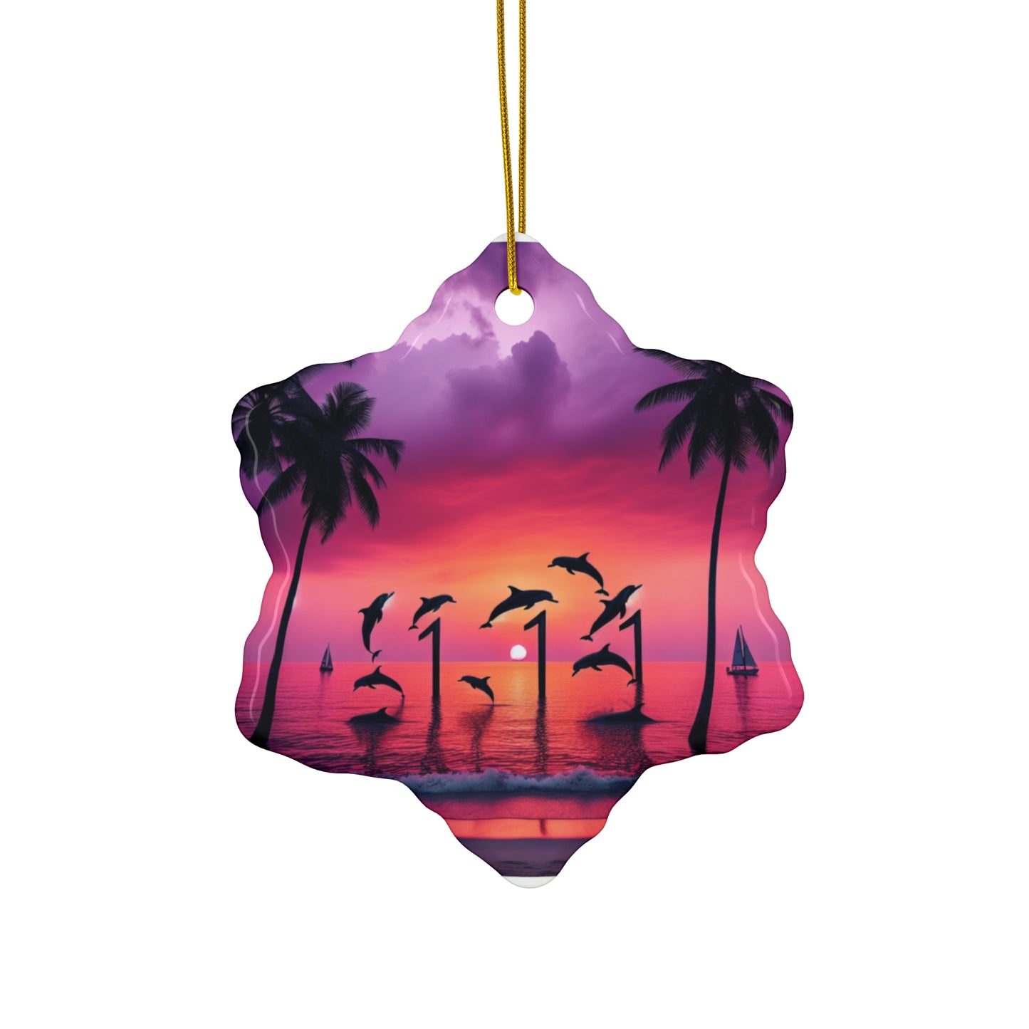 Ceramic Ornament Star, Heart, Snowflake or Circle 1111 "Serenity Bliss: A Tropical Sunset Symphony" - Tropical Beach Sunset with Palm Trees and Dolphins