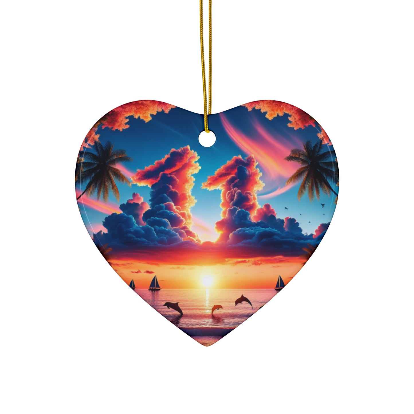 Ceramic Ornament Star, Heart, Snowflake or Circle 1111 "Paradise Serenity: A Tropical Sunset Symphony" - Tropical Beach Sunset with Palm Trees, Dolphins, and Sailboats