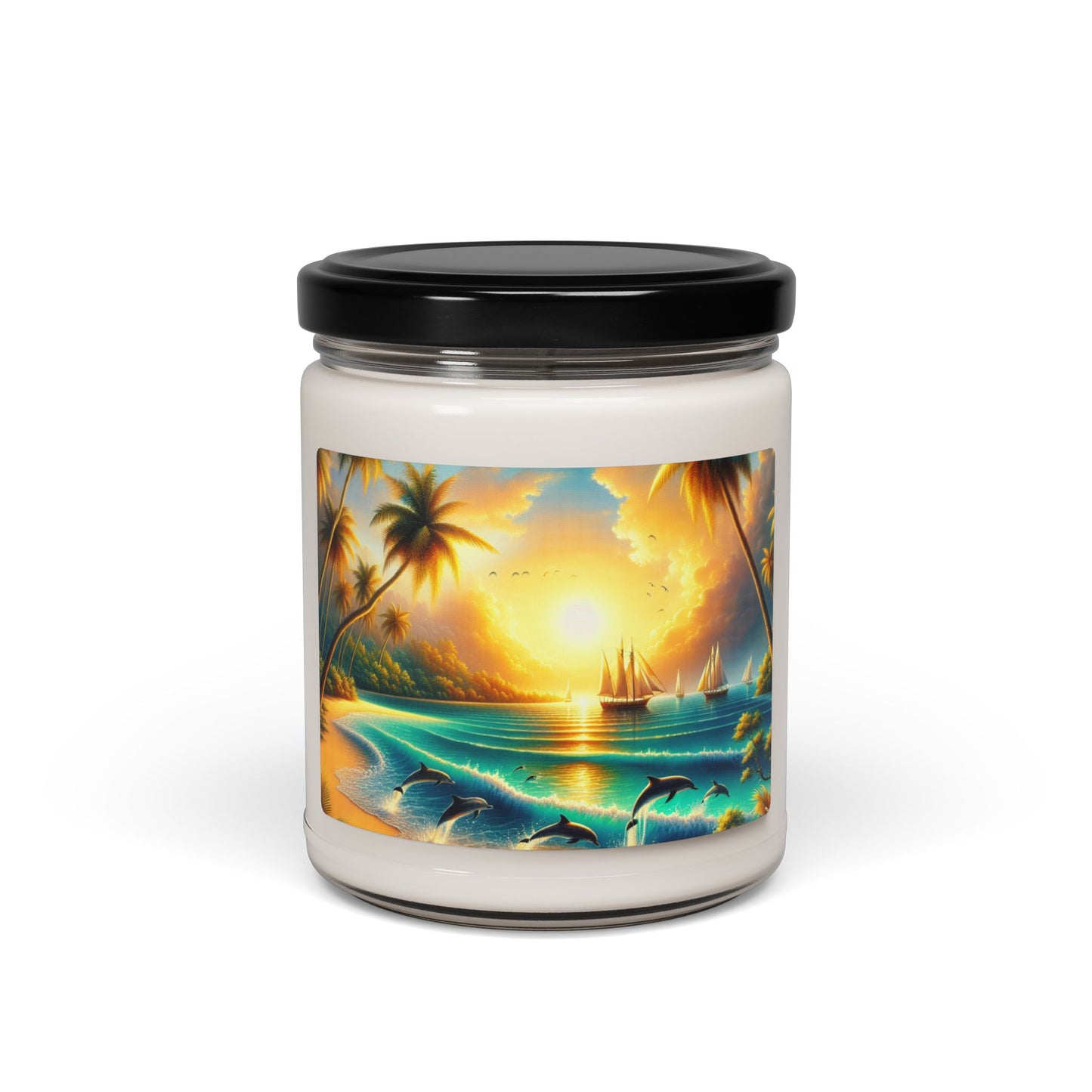 Scented Candle 1111 "Dolphin Dusk: Tropical Paradise Sunset" - 9 flavors Tropical Beach Sunset with Palm Trees, Dolphins, and Sailboats Art