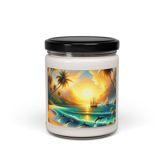 Scented Candle 1111 "Dolphin Dusk: Tropical Paradise Sunset" - 9 flavors Tropical Beach Sunset with Palm Trees, Dolphins, and Sailboats Art