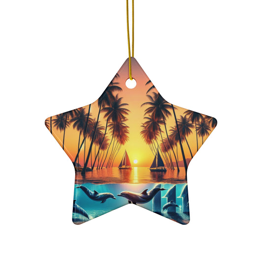 Ceramic Ornament Star, Heart, Snowflake or Circle 1111 "Serene Horizons: A Tropical Twilight Masterpiece" - Tropical Beach Sunset with Palm Trees, Dolphins, and Sailboats