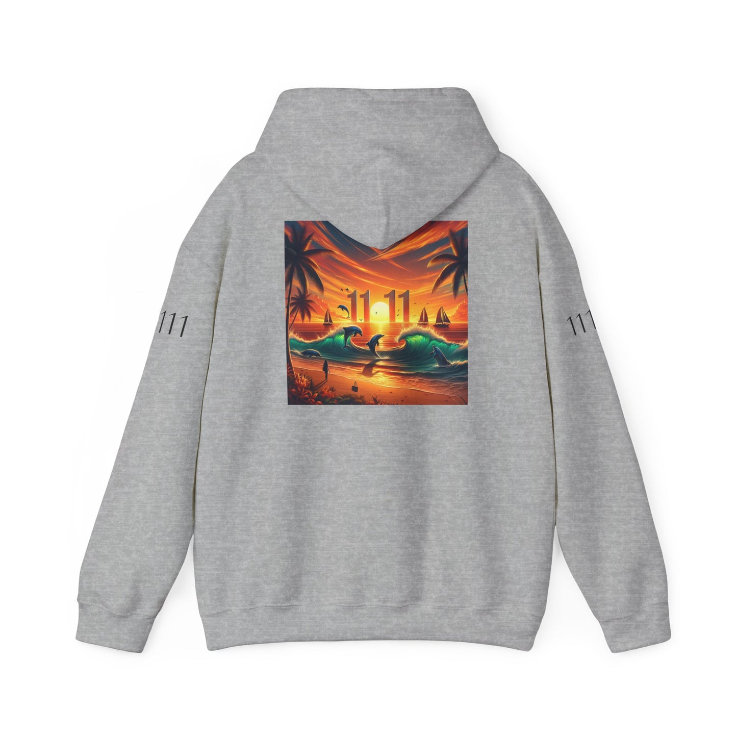 Tropical Beach Sunset Hoodie, Angel Number 11111 Spiritual Journey Unisex Sweatshirt, Beach Lovers Gift, Palm Trees Sailboats Dolphins New,