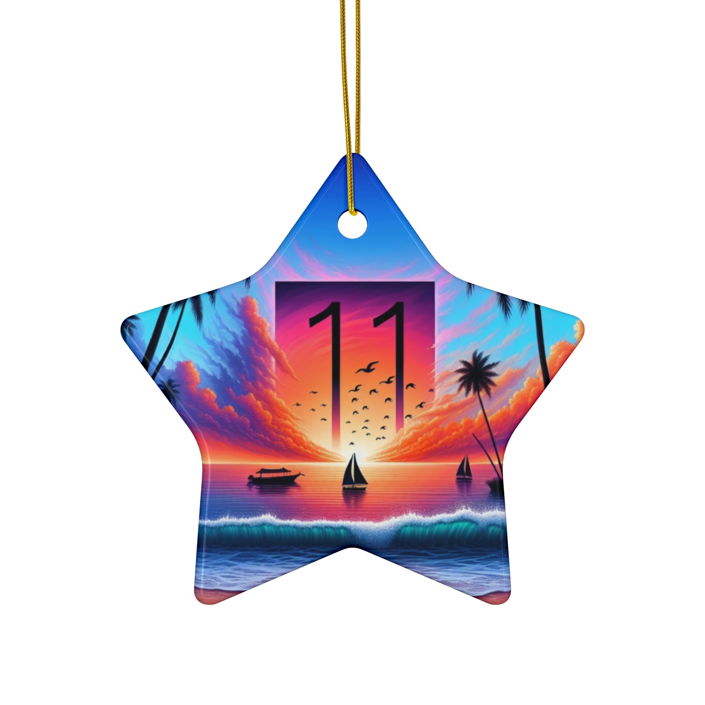 Ceramic Ornament Star, Heart, Snowflake or Circle 1111 "Serenity Sands: A Tropical Dusk Symphony" - Tropical Beach Sunset with Palm Trees, Dolphins, and Sailboats