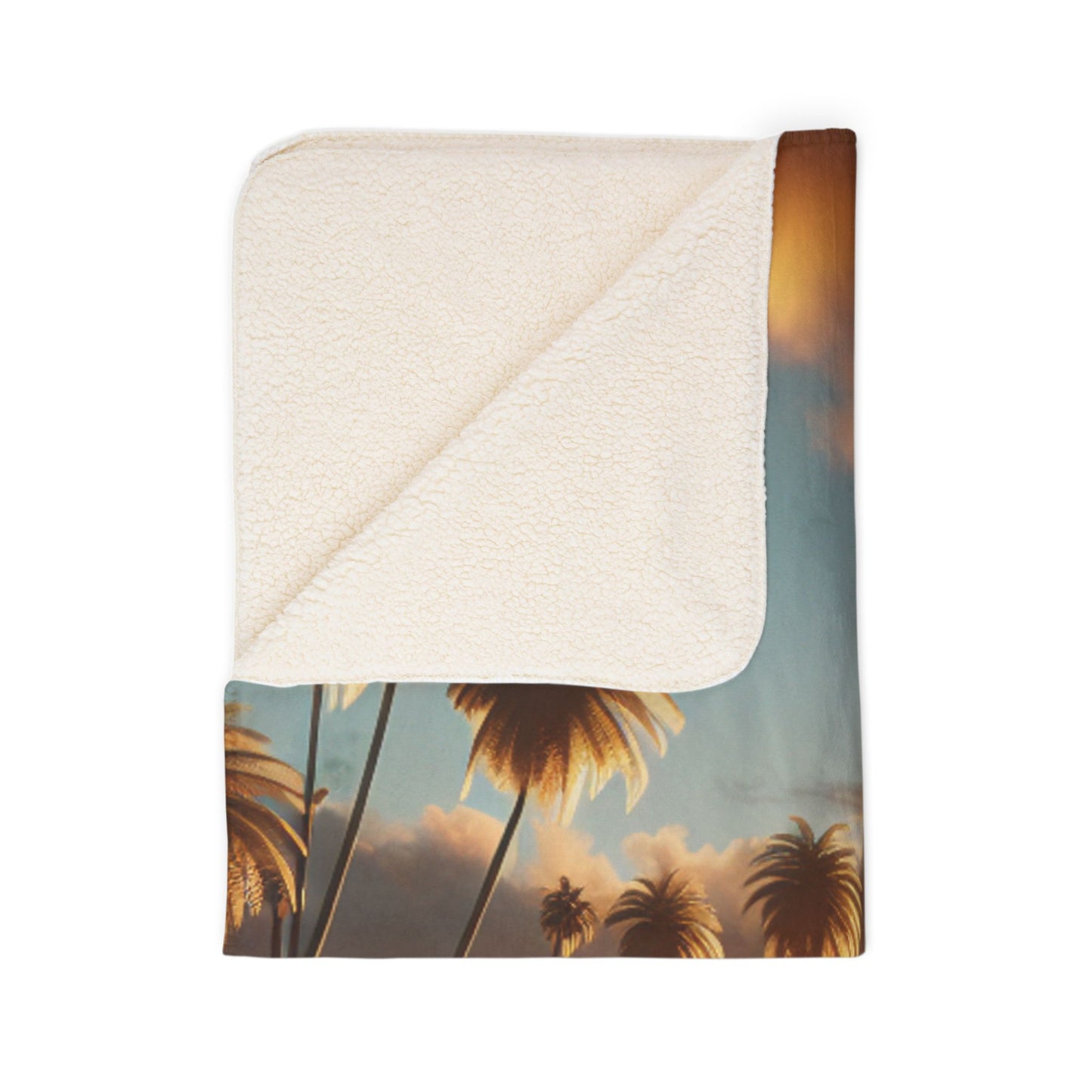 Tropical Laguna Beach Sunset with Palm Tress Fleece Sherpa Blanket