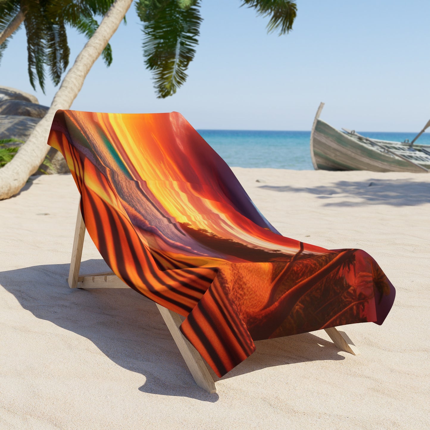 "Paradise Serenity: Tropical Sunset Symphony" - Tropical Beach Sunset with Palm Trees Beach Towel