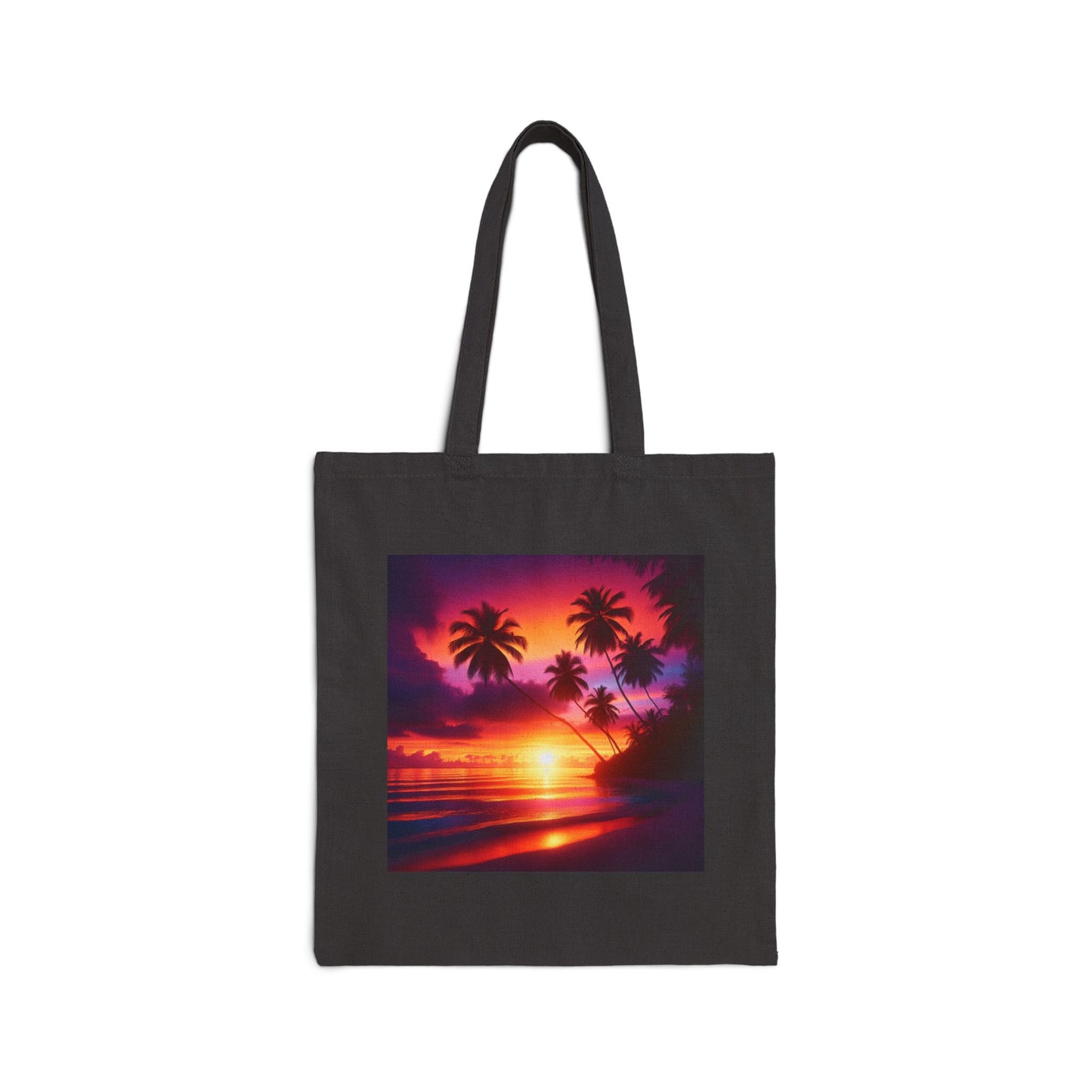 "Paradise Twilight: A Tropical Beach Sunset Serenade" - Natural or Black Cotton Canvas Tote Bag with Tropical Beach Sunset and Palm Trees