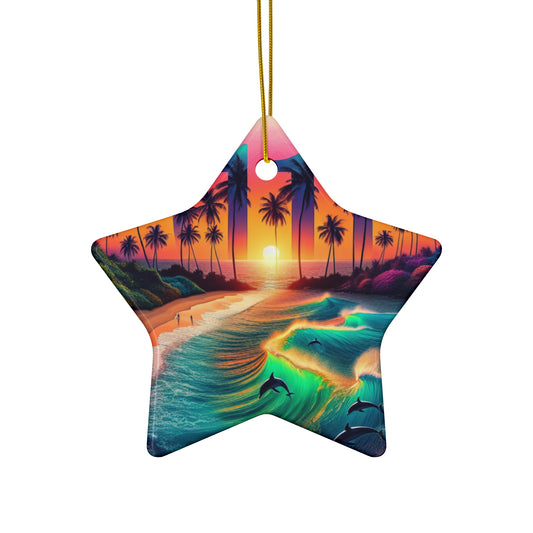 Ceramic Ornament Star, Heart, Snowflake or Circle "Twilight Tranquility: A Tropical Symphony" - Tropical Beach Sunset with Palm Trees