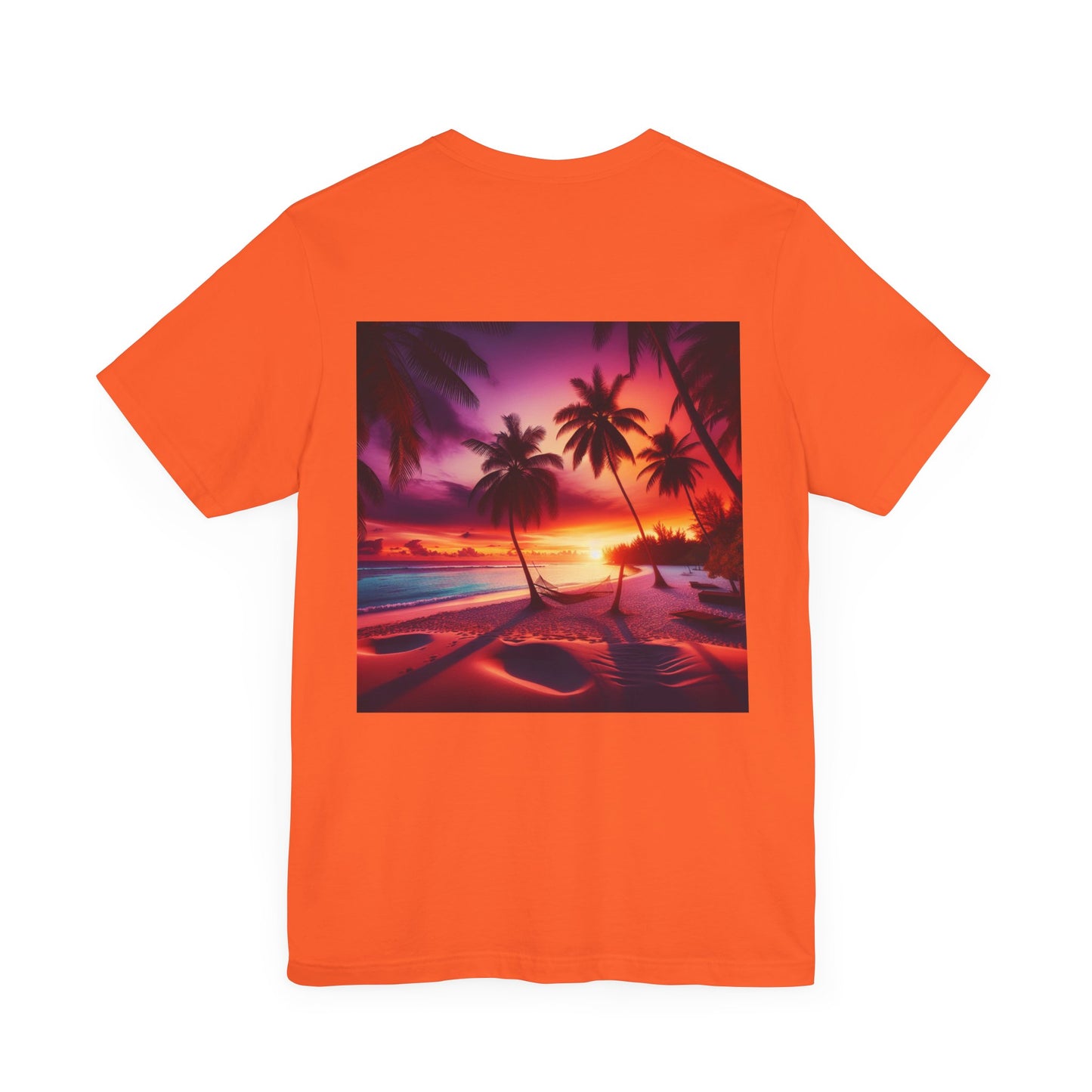 "Paradise Dusk: A Tropical Beach Sunset Symphony" - Tropical Beach Sunset with Palm Trees Unisex Jersey T-Shirt