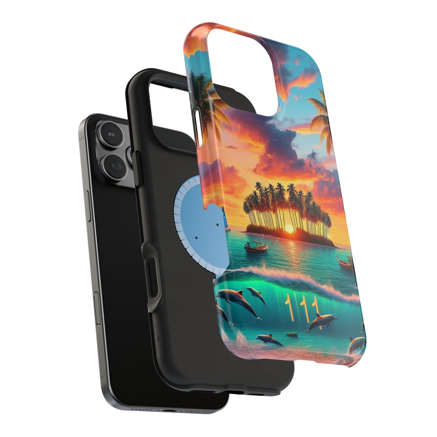 Magnetic Iphone 13-16 Pro and Max 1111 "Sundrenched Serenity: A Tropical Twilight Oasis" - Tough Phone Case with Tropical Beach Sunset Dolphins ande Sailboats HD Art