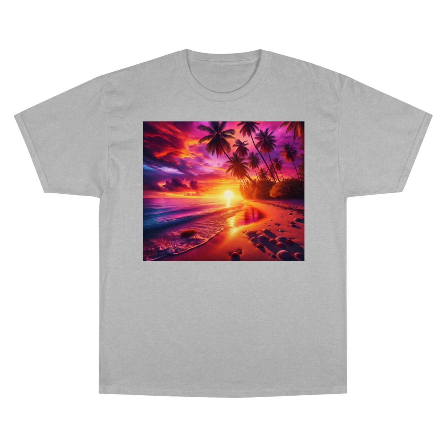 "Paradise Dusk: A Tropical Serenade" - Champion Tee Tropical Beach Sunset with Palm Trees