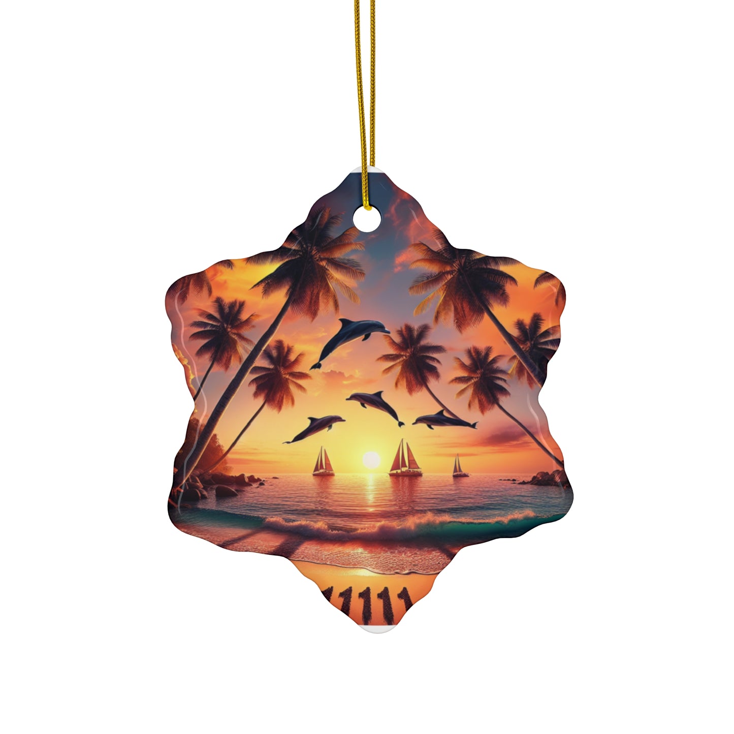 Ceramic Ornament Star, Heart, Snowflake or Circle 1111 "Paradise Bask: An Enchanting Tropical Sundown" - Tropical Beach Sunset with Palm Trees, Dolphins, and Sailboats